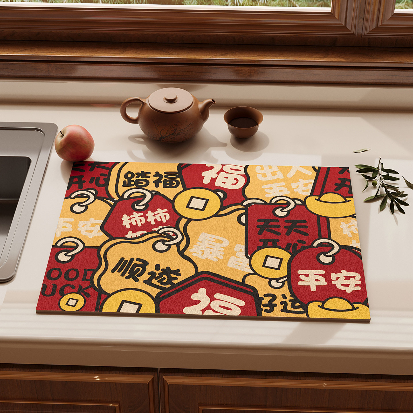 厨具隔热垫红色厨房沥水台面垫硅藻泥吸水垫碗盘杯免洗可擦保护垫,淘宝优惠券,粉丝福利购,淘宝优惠卷