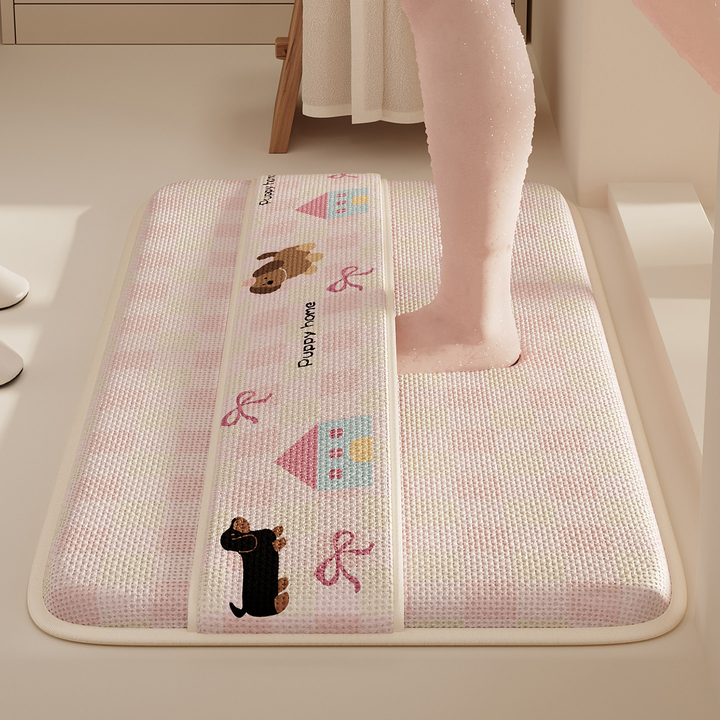 卡通狗狗浴室防滑垫厕所门口擦脚背速干吸水地毯卫生间地垫子加厚