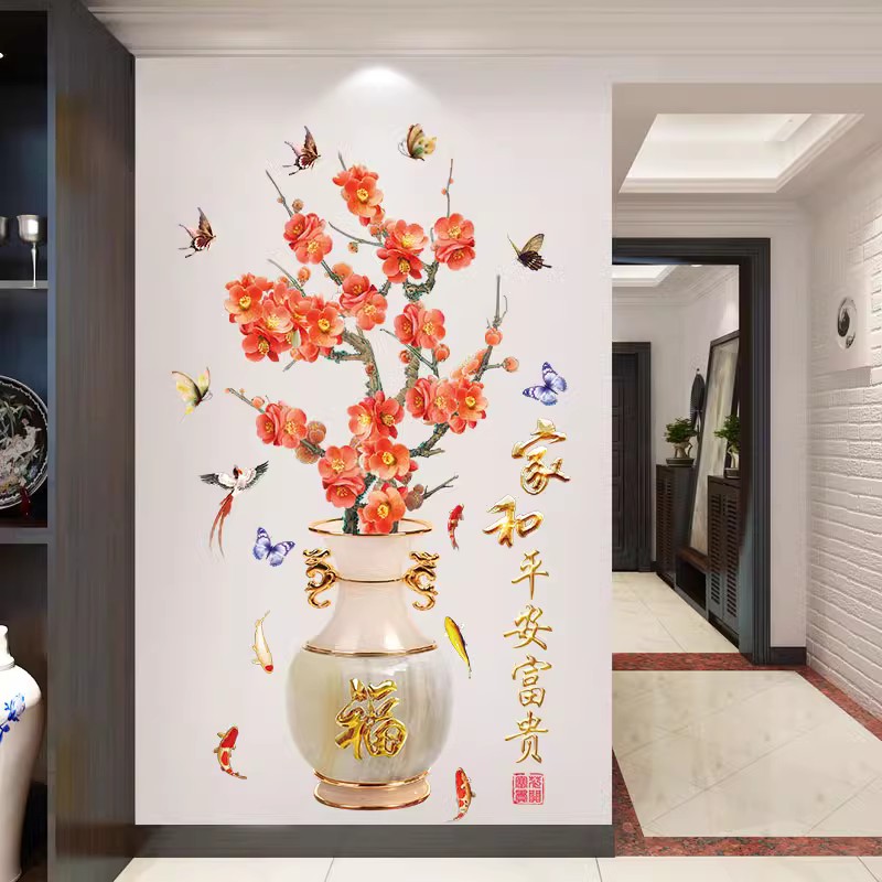 中国风花瓶墙纸自粘防水防潮3d立体墙贴画客厅玄关餐厅装饰画墙壁 - 图2