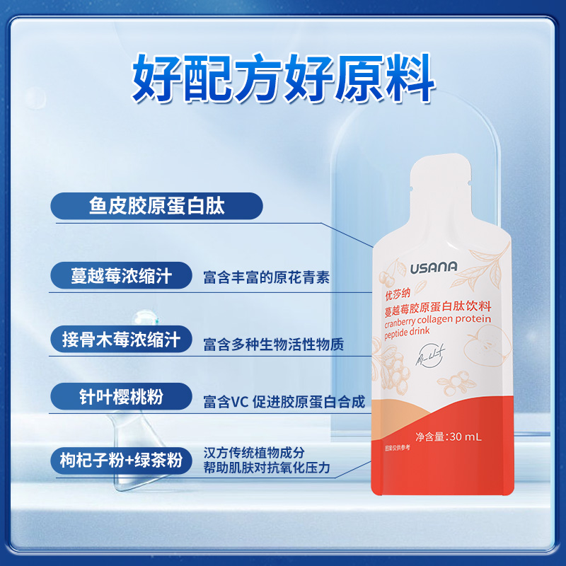 USANA葆婴优莎纳胶原蛋白肽液态饮品蔓越莓味官方正品30ml*14 - 图0