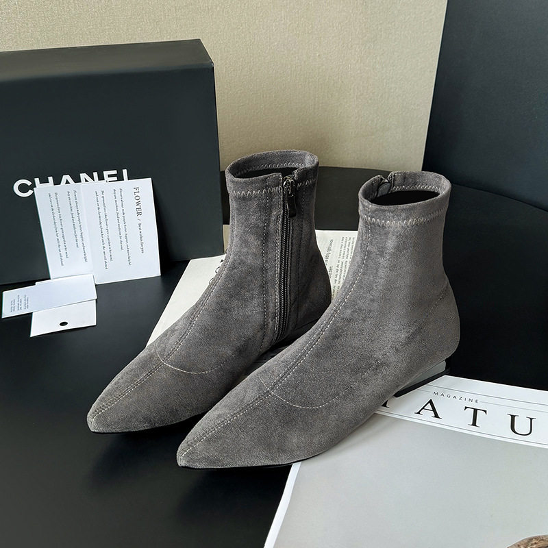 灰色尖头弹力靴袜靴绒面粗跟瘦瘦靴低跟平底短靴女春秋及裸靴,淘宝优惠券,粉丝福利购,淘宝优惠卷