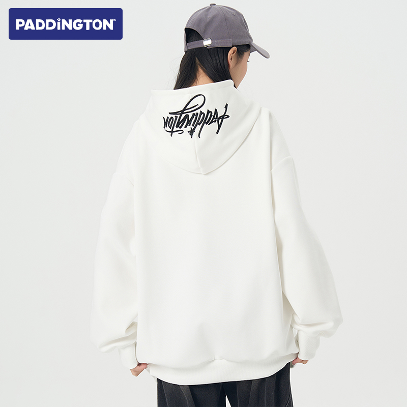 帕丁顿熊2025秋冬美式高街基础卫衣字母刺绣连帽落肩宽松男女同款 - 图3