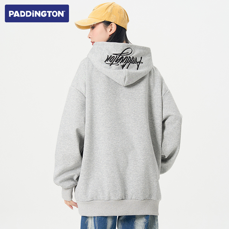 帕丁顿熊2025秋冬美式高街基础卫衣字母刺绣连帽落肩宽松男女同款 - 图1