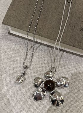 跨境专供亚马逊新款钱袋项链长款项链花朵仿古时尚百搭毛衣链