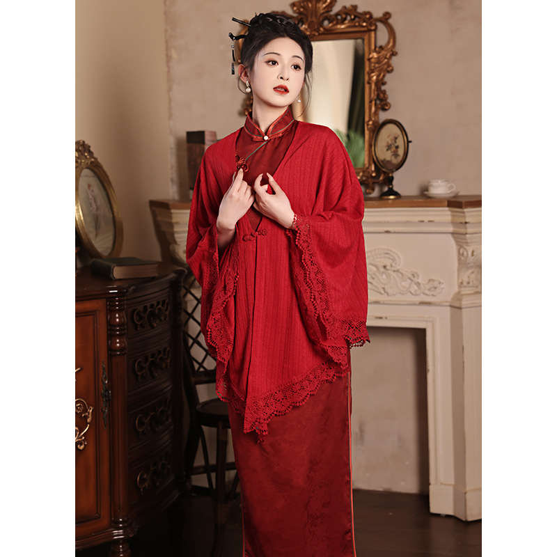 新中式披肩搭配旗袍敬酒服红色开衫国风小外套结婚斗篷针织春秋季 - 图0