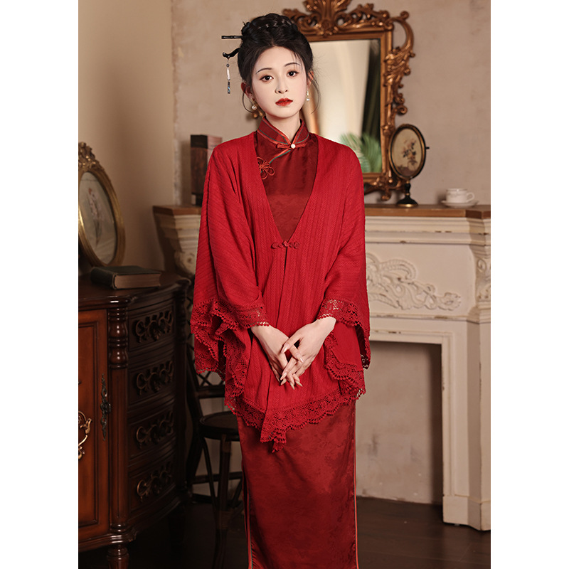 新中式披肩搭配旗袍敬酒服红色开衫国风小外套结婚斗篷针织春秋季 - 图2