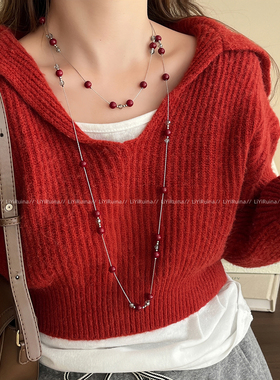 高级感红色满天星破碎珍珠叠戴项链女ins博主长款双层叠戴锁骨链