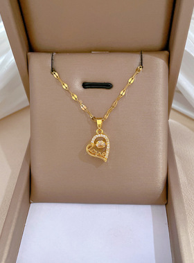 【钛钢】爱心love灵动轻奢气质华丽满钻项链女百搭锁骨链钛钢链条