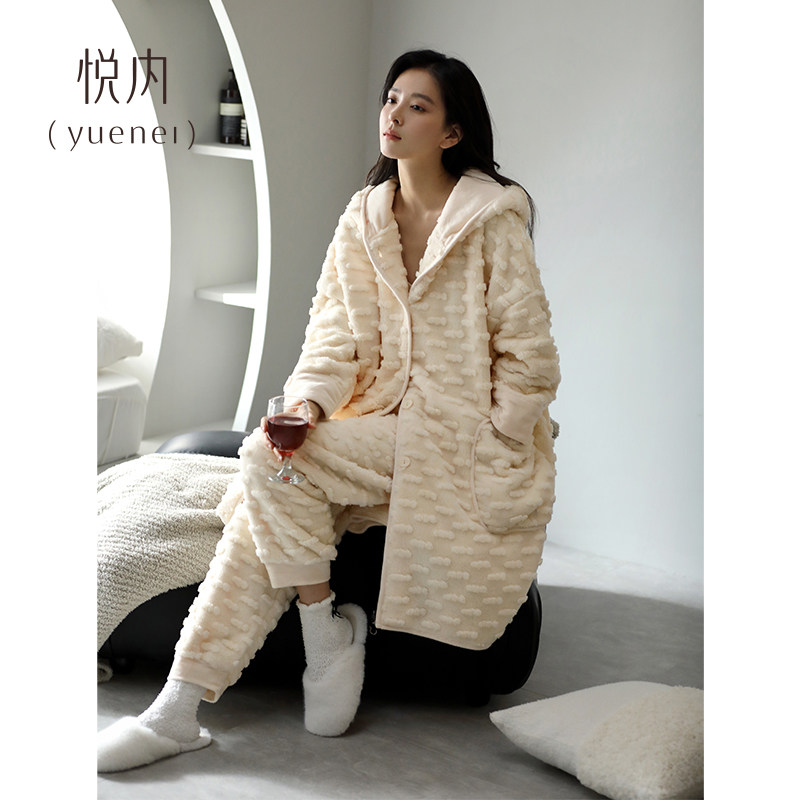 睡衣女士睡袍秋冬季冬款珊瑚绒加厚加绒法兰绒家居服连帽长款套装,淘宝优惠券,粉丝福利购,淘宝优惠卷