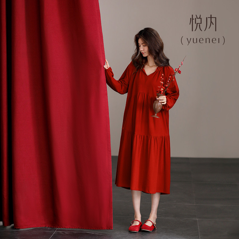 悦内睡裙女睡衣春秋季秋款长袖纯棉大红色本命年马年新年大码长款,淘宝优惠券,粉丝福利购,淘宝优惠卷