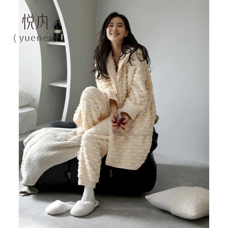 睡衣女士睡袍秋冬季冬款珊瑚绒加厚加绒法兰绒家居服连帽长款套装,淘宝优惠券,粉丝福利购,淘宝优惠卷