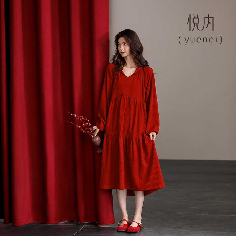 悦内睡裙女睡衣春秋季秋款长袖纯棉大红色本命年马年新年大码长款,淘宝优惠券,粉丝福利购,淘宝优惠卷