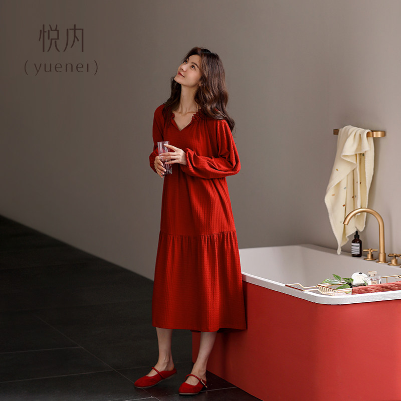 悦内睡裙女睡衣春秋季秋款长袖纯棉大红色本命年马年新年大码长款,淘宝优惠券,粉丝福利购,淘宝优惠卷