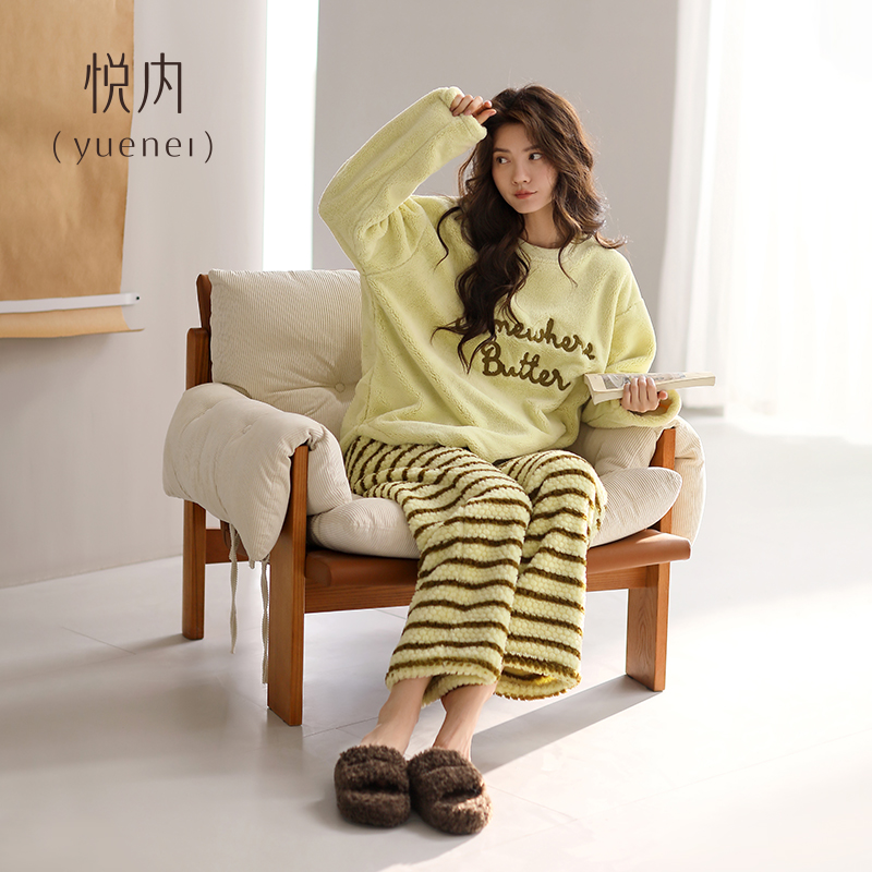 悦内睡衣女士秋冬季冬款珊瑚绒加绒加厚法兰绒冬天家居服圆领套头 - 图1