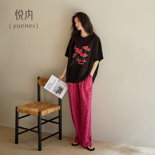 悦内睡衣女士夏季夏天纯棉短袖长裤家居服时尚宽松休闲玫瑰高级感 - 图3