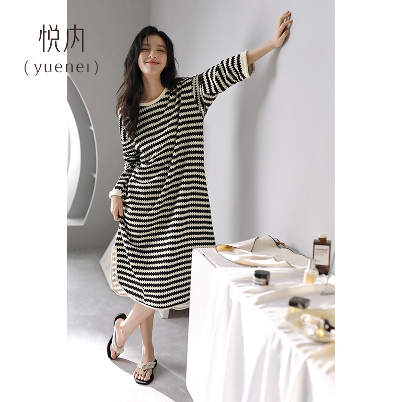 悦内睡裙女士睡衣春秋季秋款纯棉长袖长裙大码条纹休闲可外穿出门,淘宝优惠券,粉丝福利购,淘宝优惠卷