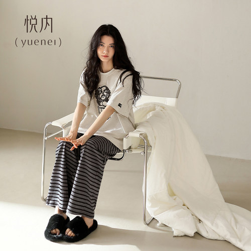 悦内带胸垫睡衣女款夏季夏天纯棉短袖长裤家居服女休闲可外穿条纹 - 图0