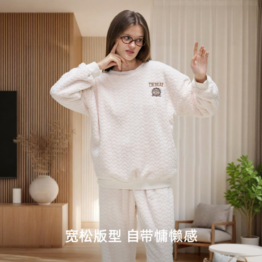 TeenieWeenie小熊肌理绒女士冬季睡衣加厚抗静电保暖家居服套装