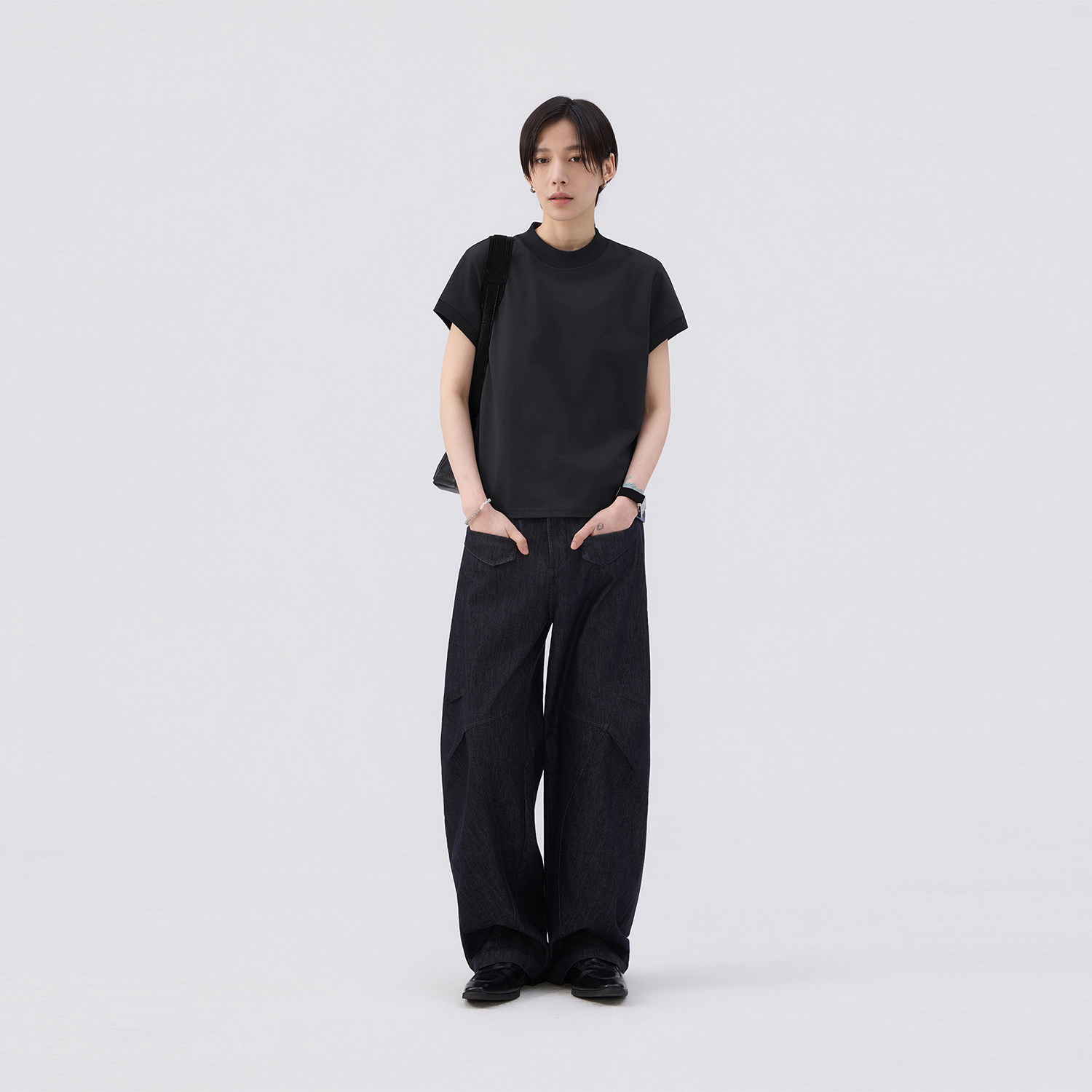 sameuoo散养文化「画布」纯色百搭正肩短袖t恤女夏短款半高领上衣