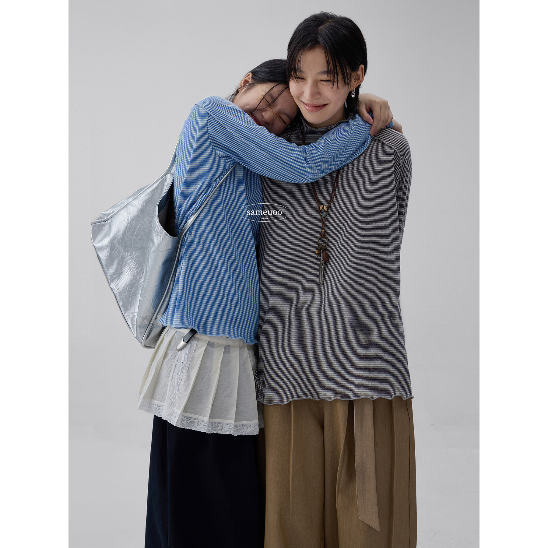 sameuoo散养文化蓝色条纹半高领内搭打底衫秋冬长袖t恤女新款上衣,淘宝优惠券,粉丝福利购,淘宝优惠卷