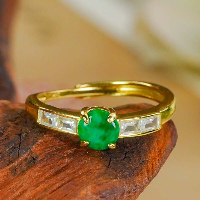 Silver inlaid natural jade ring A-grade fashionable and simple green jade round ring