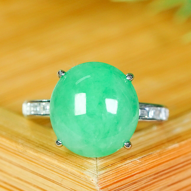 Silver inlaid natural Burmese jadeite ring A-grade fashionable and simple full green sun green oval egg face open ring