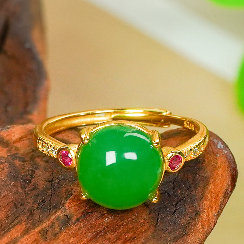 Natural Hetian Jade Jasper Apple Green Cabochon Ring Silver Inlaid with a Point of Red Design Living Ring