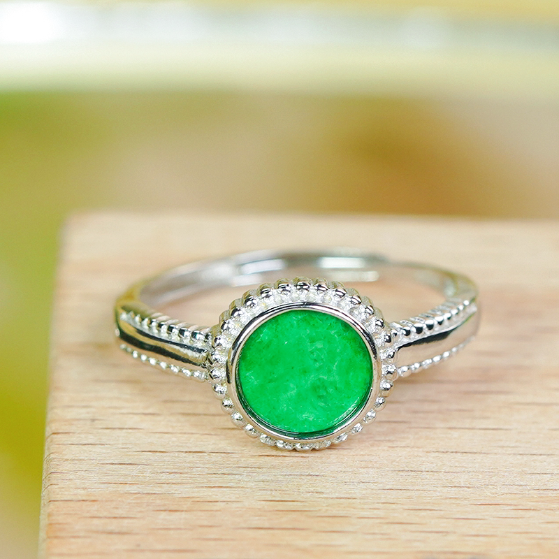 Natural Burmese jadeite ring A grade silver inlaid stylish and simple manyang green jadeite round ring