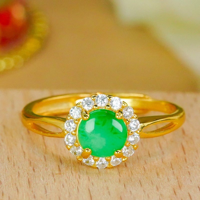 Natural Burmese material A grade jade ring, silver inlaid, fashionable hollow inlaid with sun green jade round ring, living ring