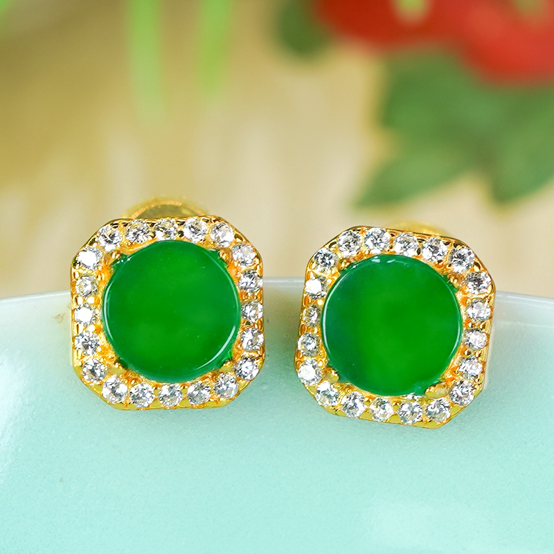 Valentine's Day gift 925 silver inlaid with natural jade A-grade fashionable small sugar cube design full green jade medal ring