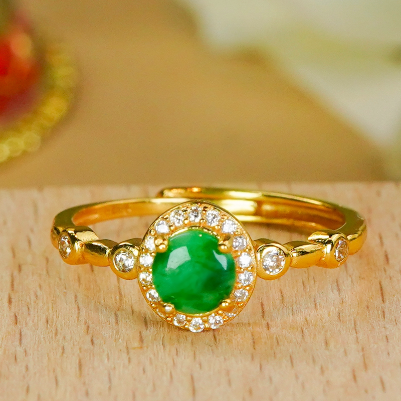 Silver inlaid natural jade ring A-grade fashionable bamboo design full green jade round ring for women
