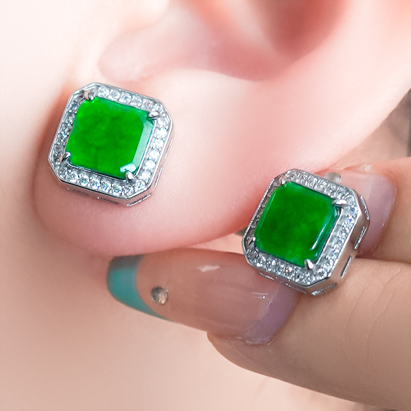 生日礼物送老婆天然翡翠A货银镶满绿精致时尚方形小方糖方牌耳钉,淘宝优惠券,粉丝福利购,淘宝优惠卷