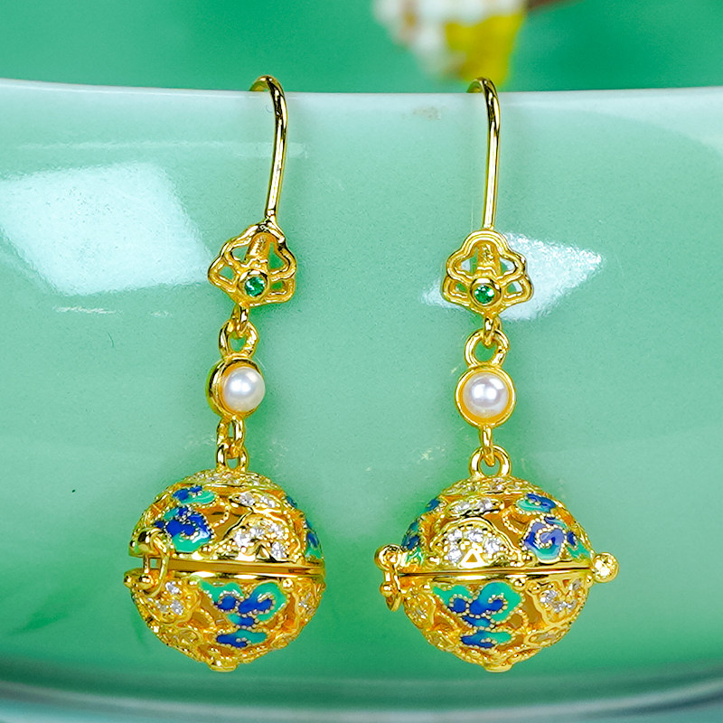 送爱人时尚精致珐琅雕花银镶天然和田玉白玉香囊圆珠耳环耳坠耳钩,淘宝优惠券,粉丝福利购,淘宝优惠卷