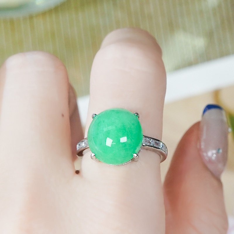 Silver inlaid natural Burmese jadeite ring A-grade fashionable and simple full green sun green oval egg face open ring