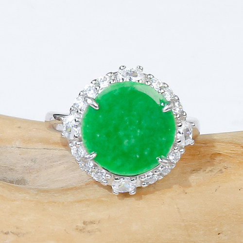 天然翡翠A货银镶嵌精致高级设计感满锆满绿翡翠圆牌戒指节日送礼 - 图1