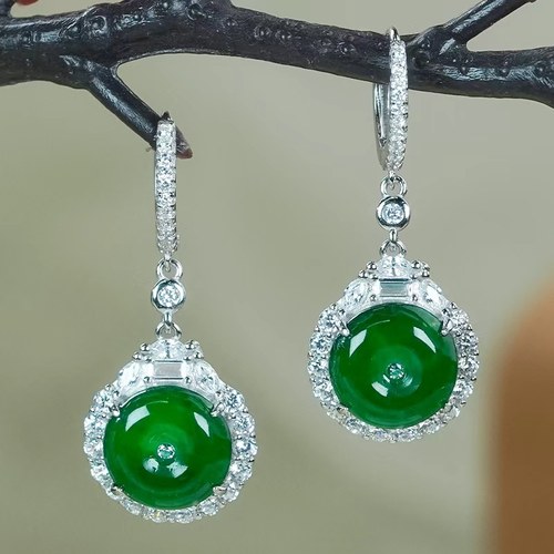 天然翡翠A货耳环银镶精致气质冰透辣绿翡翠玉平安扣耳扣耳包（小 - 图0