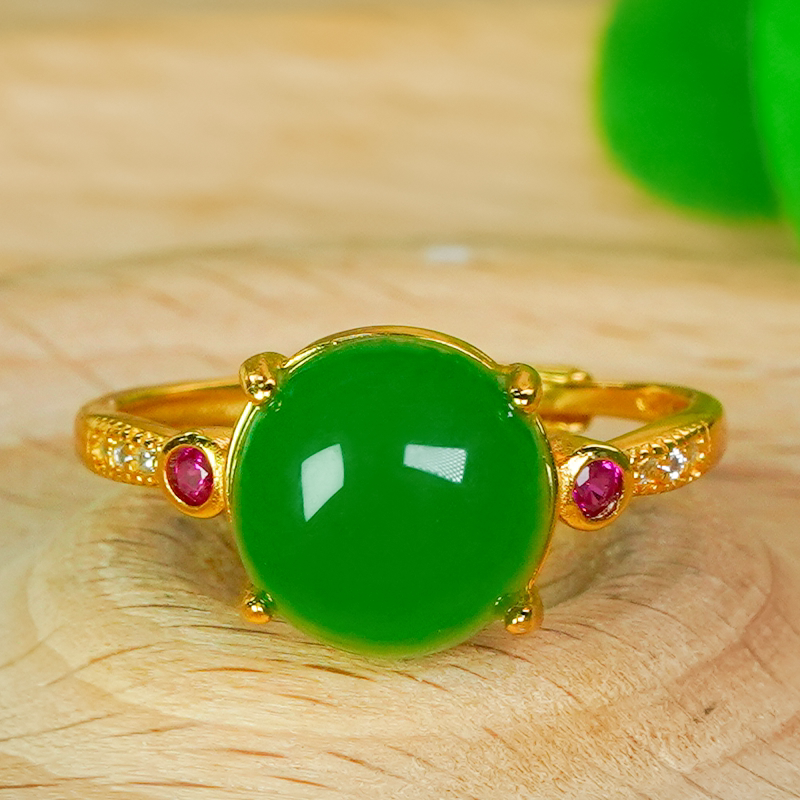 Natural Hetian Jade Jasper Apple Green Cabochon Ring Silver Inlaid with a Point of Red Design Living Ring