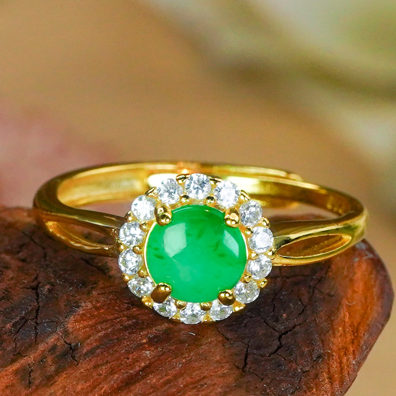 Natural Burmese material A grade jade ring, silver inlaid, fashionable hollow inlaid with sun green jade round ring, living ring