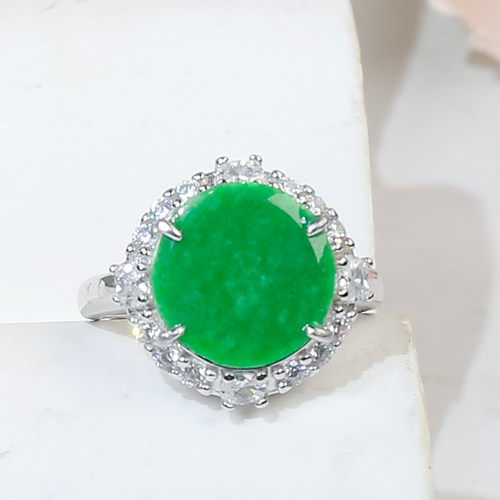 天然翡翠A货银镶嵌精致高级设计感满锆满绿翡翠圆牌戒指节日送礼 - 图0
