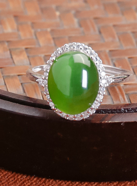 新款戒指天然和田玉时尚百搭满绿碧玉猫眼戒指银色款托底节日送礼