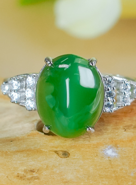 天然和田玉碧玉戒指银镶嵌镂空豪镶高级感猫眼蛋面活口戒（深色）