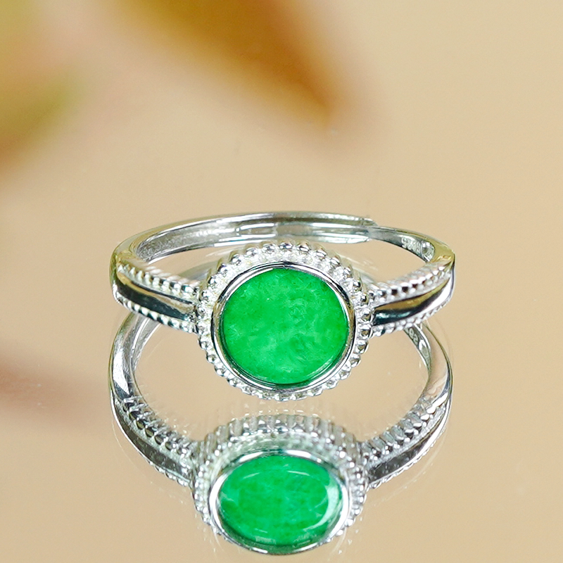 Natural Burmese jadeite ring A grade silver inlaid stylish and simple manyang green jadeite round ring