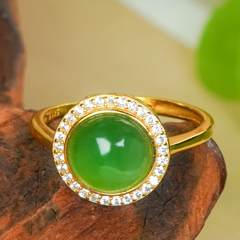 Fashionable and simple jasper cabochon ring with natural Hetian jade and silver inlay, temperament and versatile style (small size