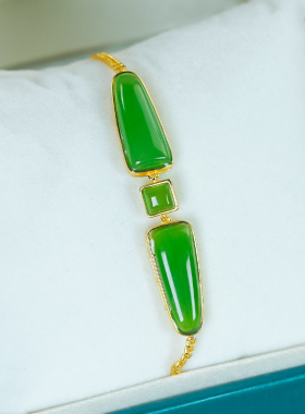 送老婆送爱人天然和田玉银镶嵌时尚气质高级感碧玉梯形无事牌手链