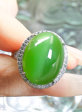 七夕情人节礼物时尚简约风满锆天然和田玉碧玉银白色蛋面戒指