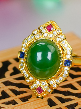 洛丽亚天然和田玉银镶嵌新中式国风精致高级感碧玉菠菜绿蛋面戒指