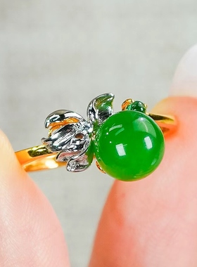 天然和田玉银镶嵌碧玉圆珠单珠戒指气质简约百搭款活口戒