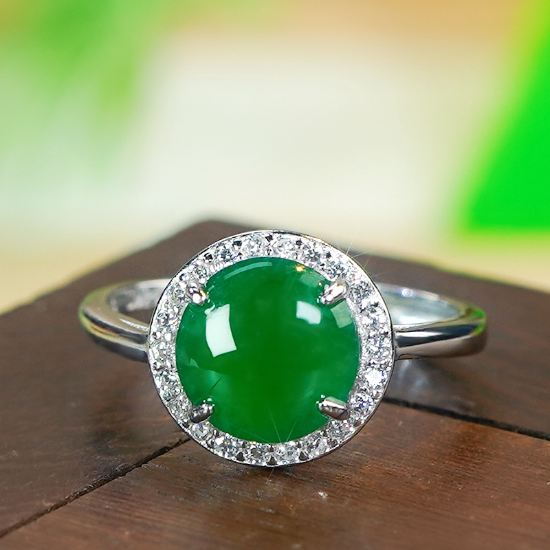 Valentine's Day Gift Silver Inlaid Natural Jade A-grade Fashionable Simple Full Green Cabochon Jade Ring