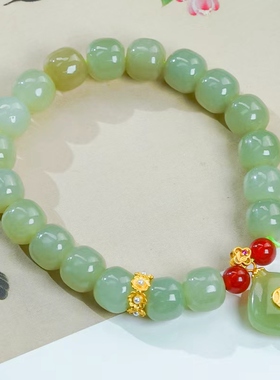 天然和田玉平安扣手链大气简约时尚油润晴水色方糖珠子手串