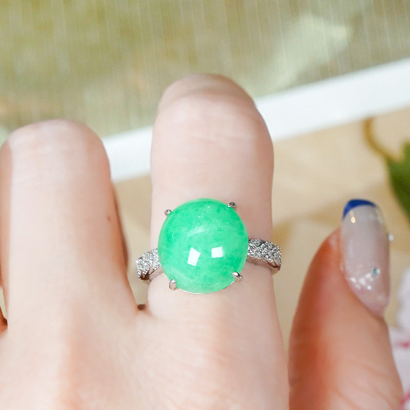 Silver inlaid natural Burmese jadeite ring A-grade fashionable and simple full green sun green oval egg face open ring